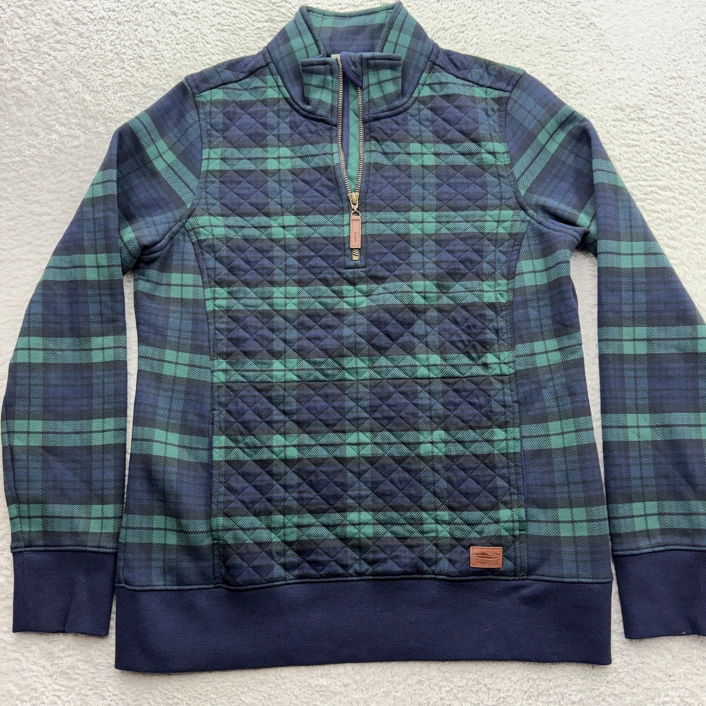 LL Bean Mens Small Green Black Watch Plaid Quilted Quarter Zip Pullover 520971